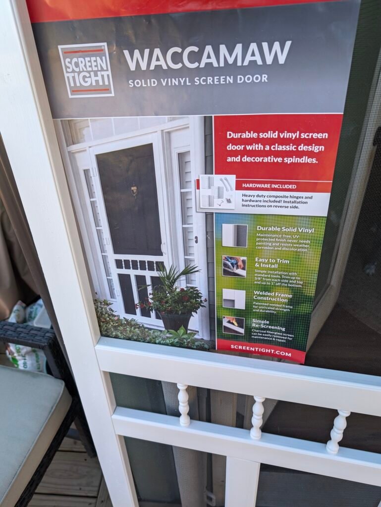 Screen Tight Waccamaw solid vinyl screen door packaging and specifications